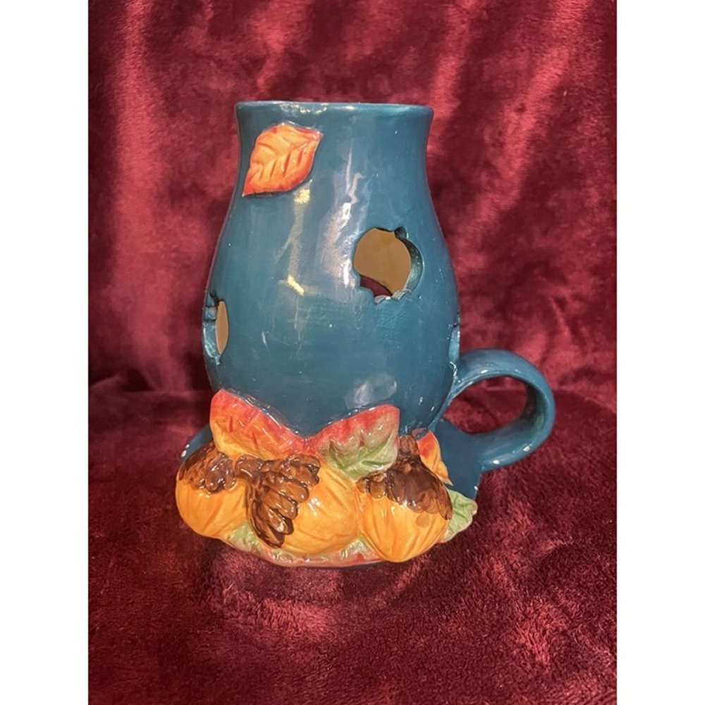 Teal Ceramic Candle Illuminating Holder For Fall Acorns & Leave Cut Outs (40)